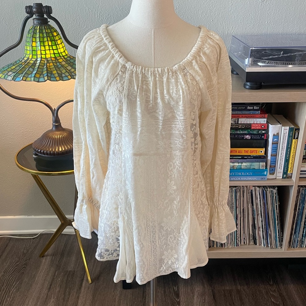 Roja Lace Embroidered Cream Boho Long Sleeve Peasant Blouse